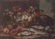 unknow artist Still life of a basket of flowers,fruit,lobster,fish and a cat,all upon a stone ledge oil painting